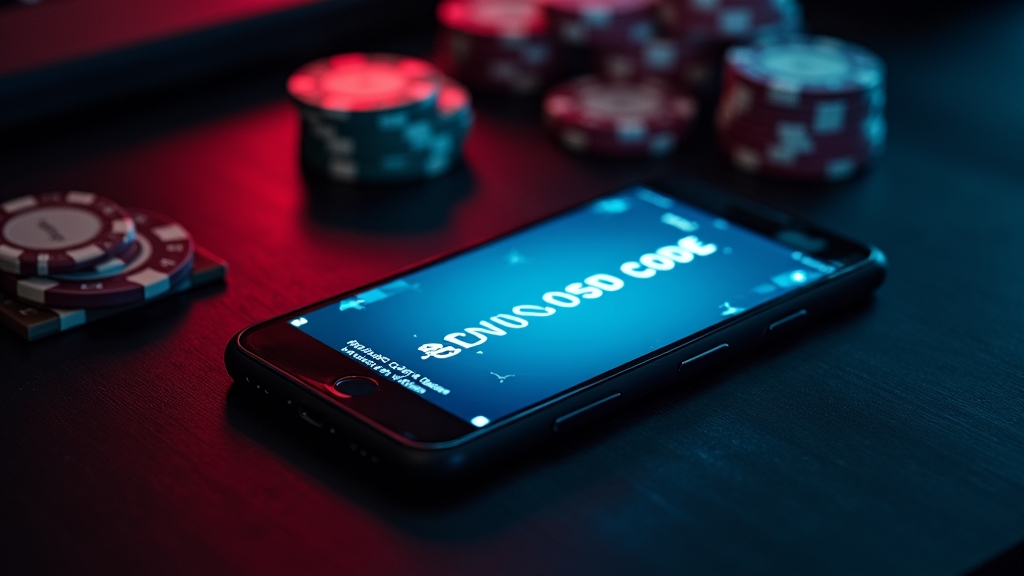 Bonuscode-Feld auf Smartphone in einer dunklen Casino-Szene